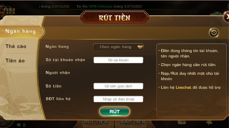 Rút tiền Iwinclub dễ dàng, nhận tiền nhanh sau 2 phút 2 Hướng dẫn các bước rút tiền iWinclub nhanh chóng